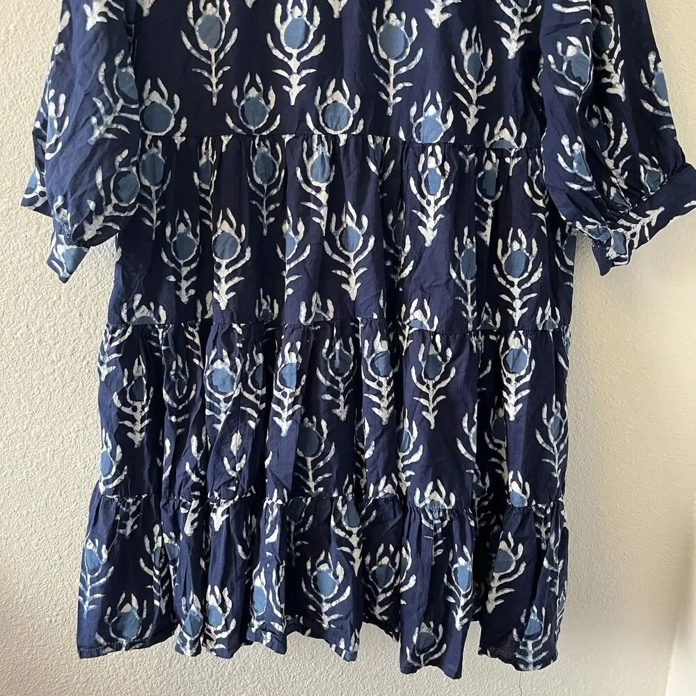 Dress Addict Women's Mini Dress Size Med Blue Batik Tiered Boho Puff Sleeve Chic - Picture 12 of 16